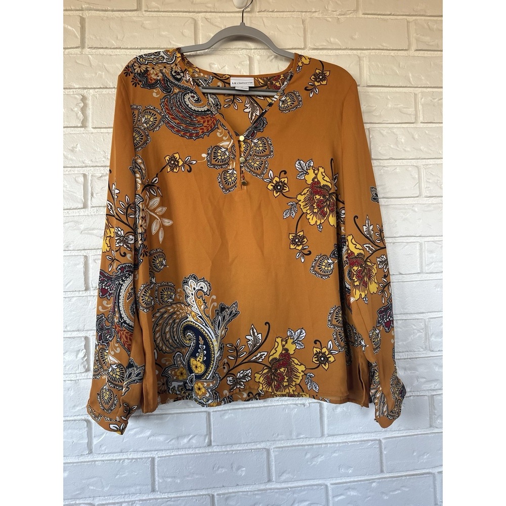 Liz Claiborne Mustard Paisley‎ Boho Blouse Flowy Long Sleeve Cottagecore Top M - Picture 9 of 10